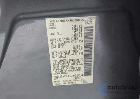 2020 Nissan Murano S Intelligent Awd z USA, uszkodzony, nr VIN 5N1AZ2AS9LN149614